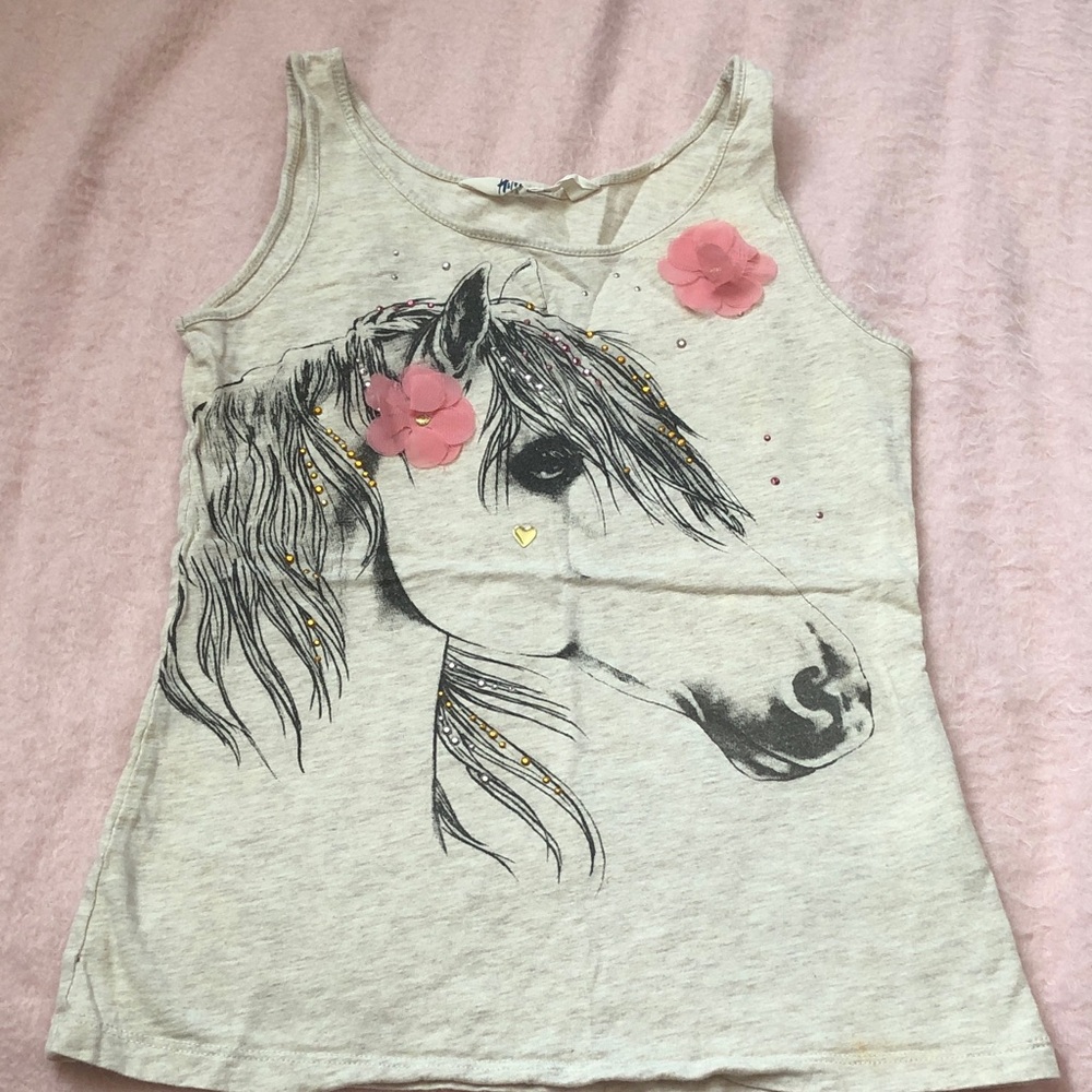 H&M Girls Cream Horse Tank Top with Pink Flower Accents 10/12 kt3